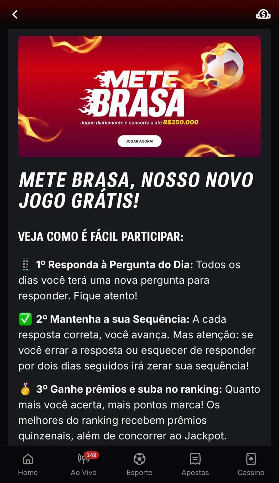 Captura de tela do Mete Brasa, campanha disponível com ou sem o código Superbet.