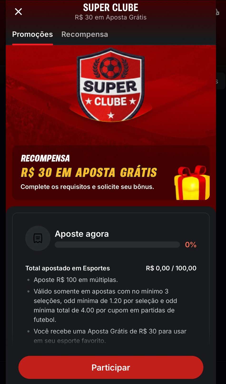 Captura de tela da campanha Super Clube, que pode ser ativada com ou sem o código Superbet.