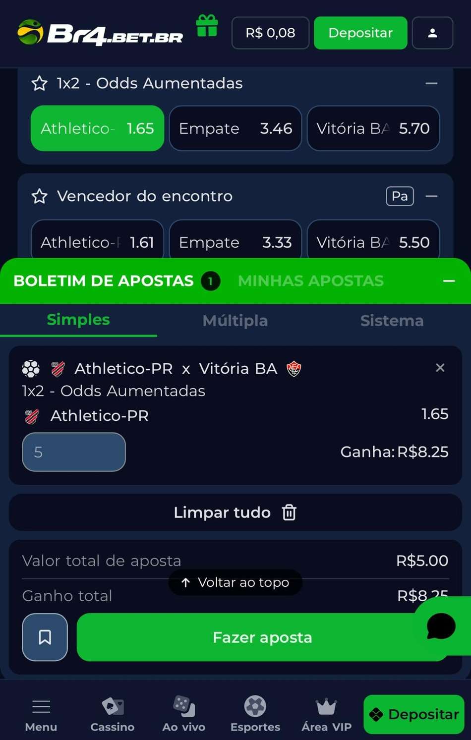 Captura da tela de apostas na BR4BET.