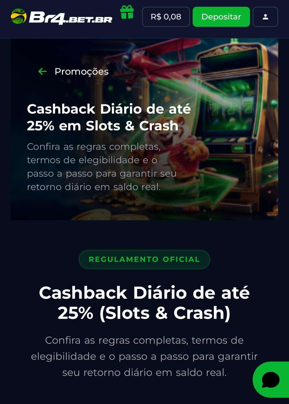 Captura de tela exibe o cashback na BR4BET.