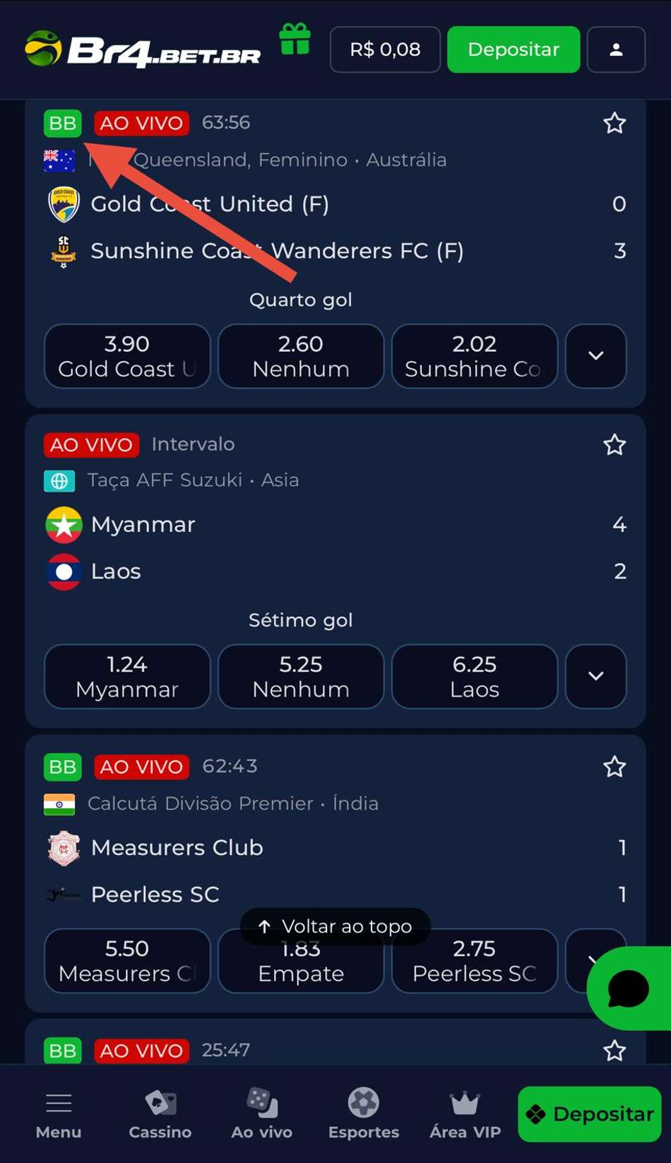 Captura de tela mostra o ícone do Criar Aposta na BR4BET.