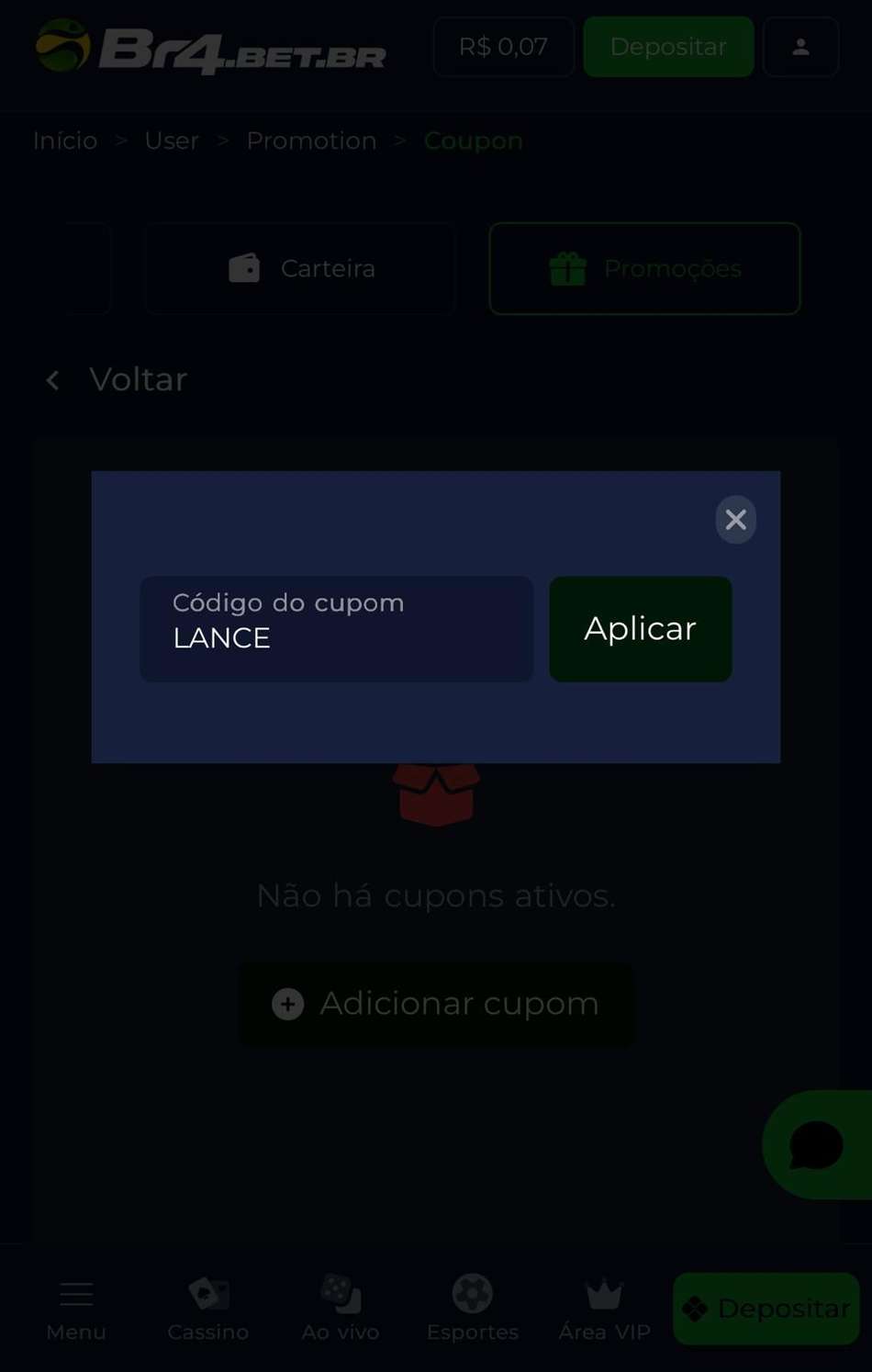 Captura de tela mostra onde inserir o cupom de bônus BR4BET.