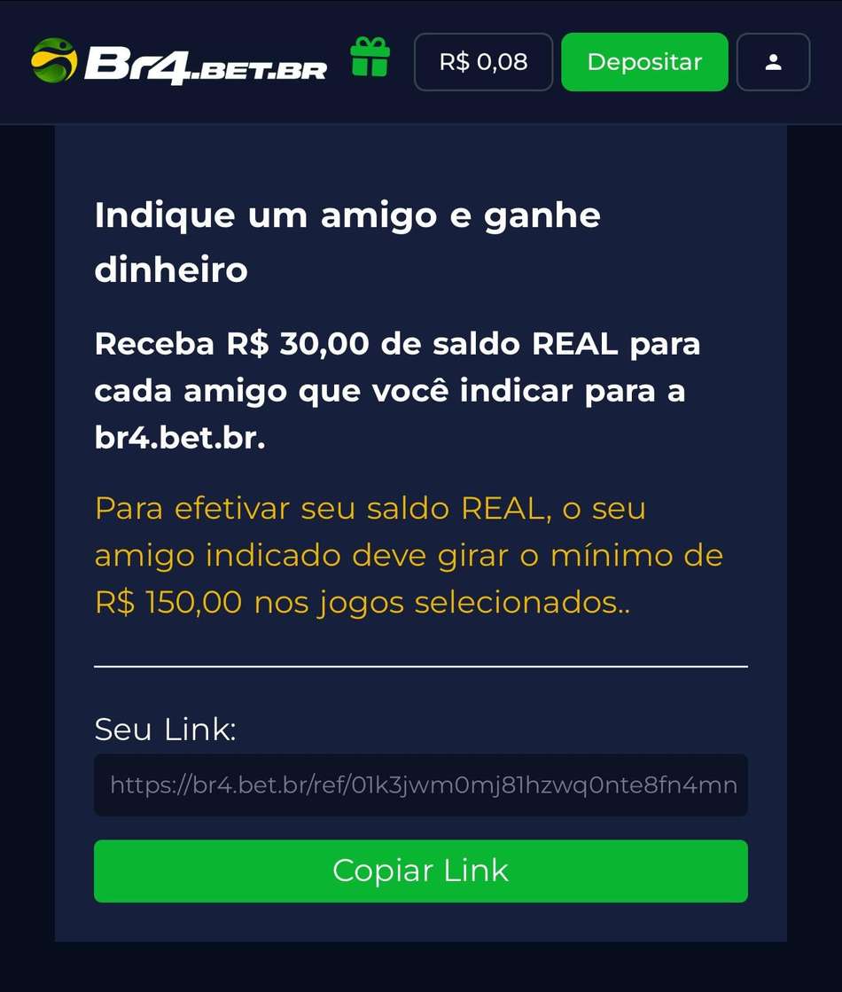 Captura de tela exibe o link para o Indique e Ganhe na BR4BET.