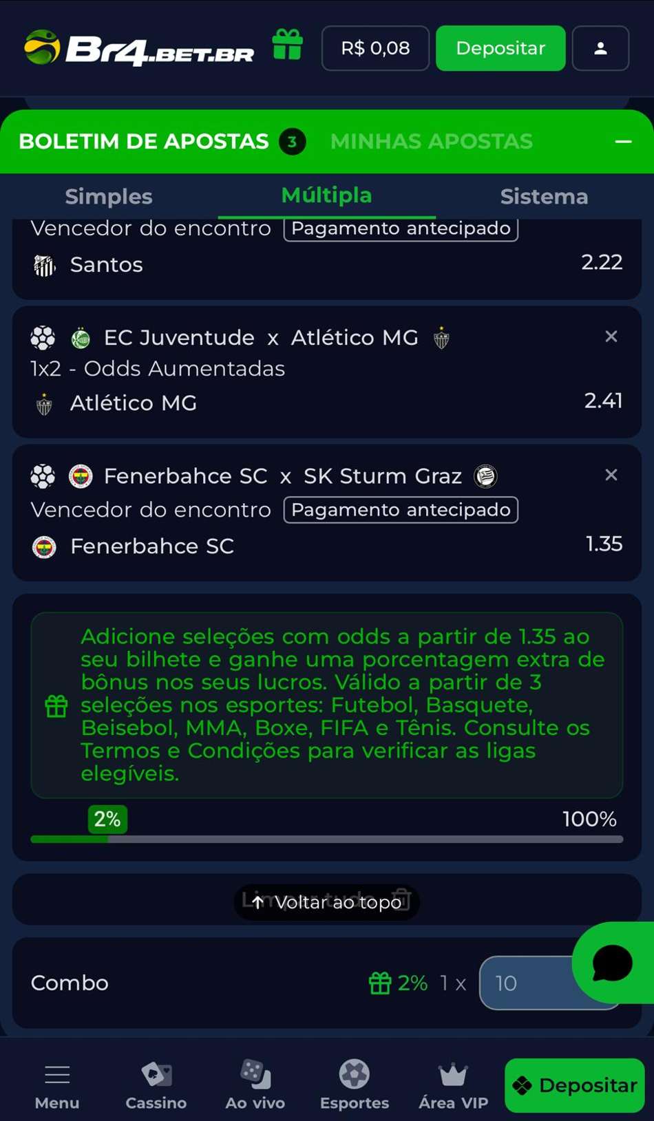 Captura de tela exibe um bilhete de apostas múltiplas após o cadastro com o cupom BR4BET.