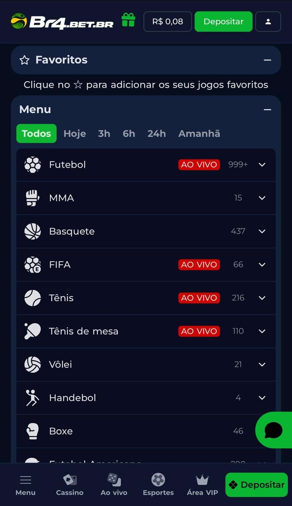 Captura da tela de esportes após cadastro com o cupom BR4BET.