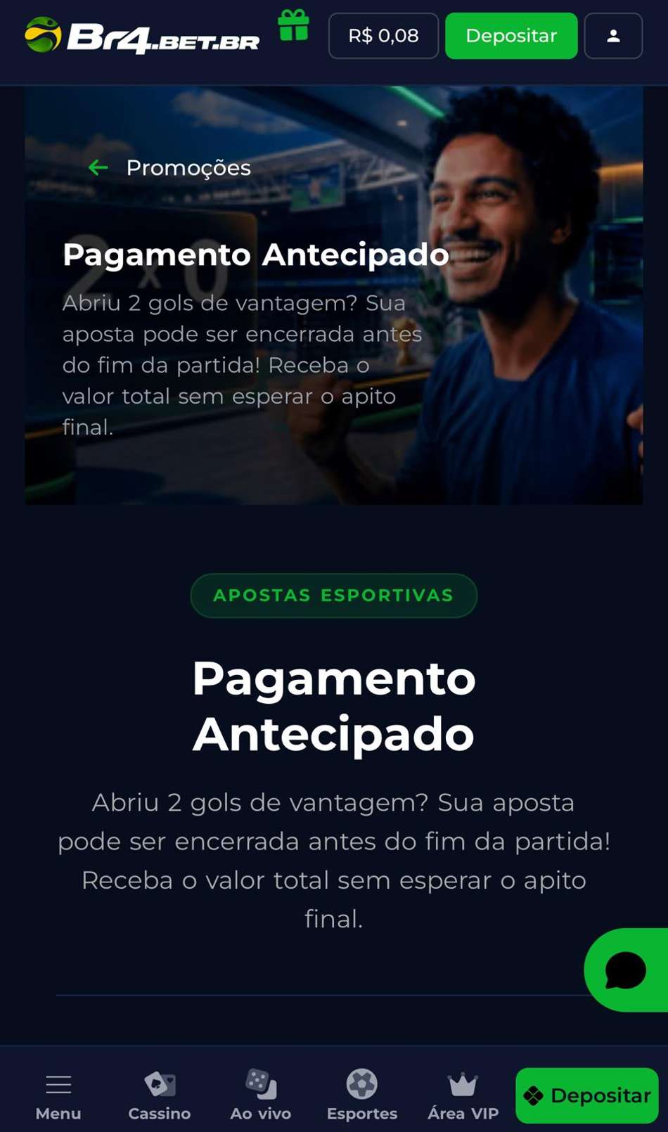 Captura de tela do Pagamento Antecipado na BR4BET.