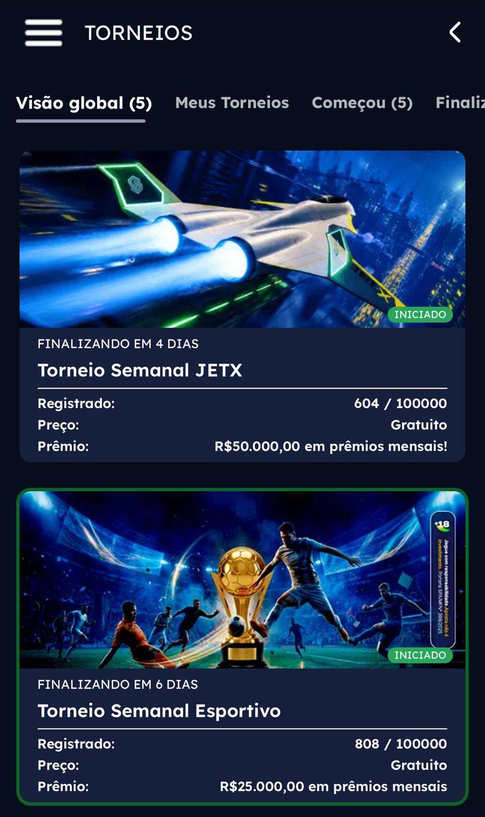 Captura da tela de torneios na BR4BET.