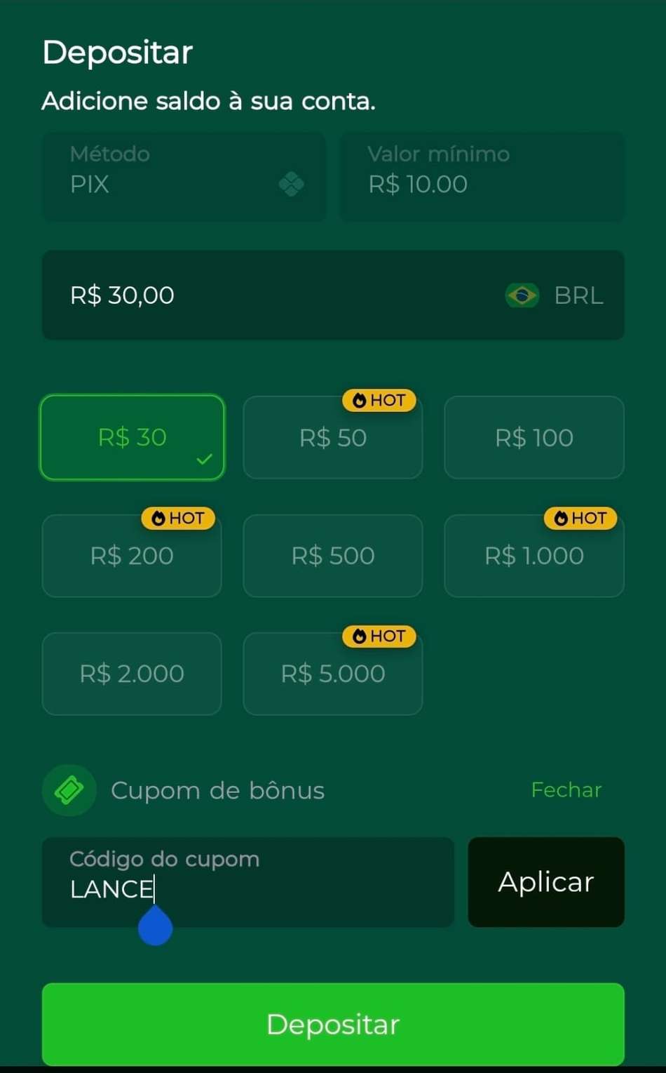 Captura de tela da página de depósitos na Lotogreen com o campo para inserir o cupom de bônus.
