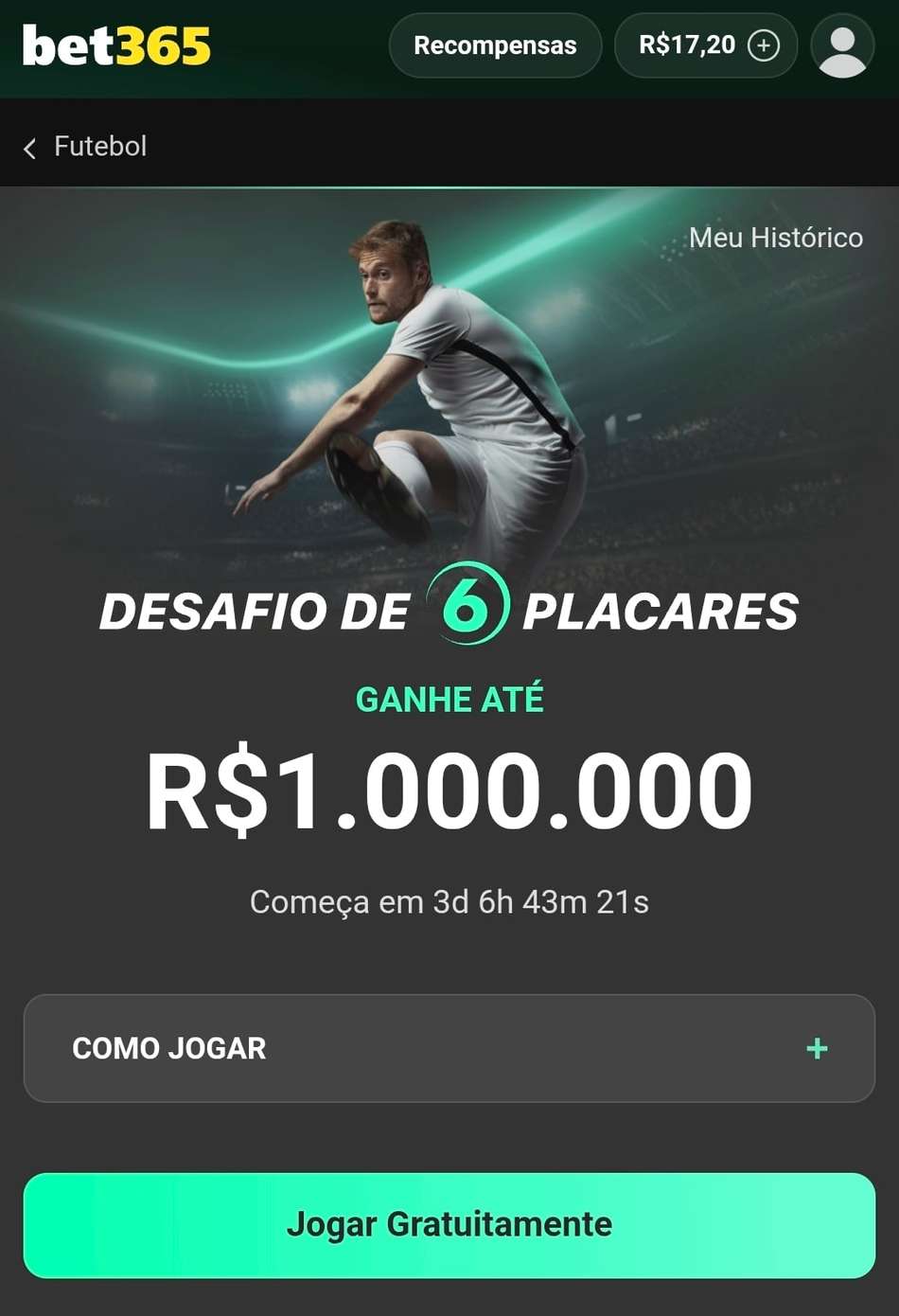 Captura de tela do Desafio de 6 Placares da bet365.