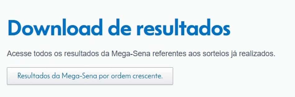 Captura de tela da opção de download de resultados da Mega Sena no site da Loterias Caixa.