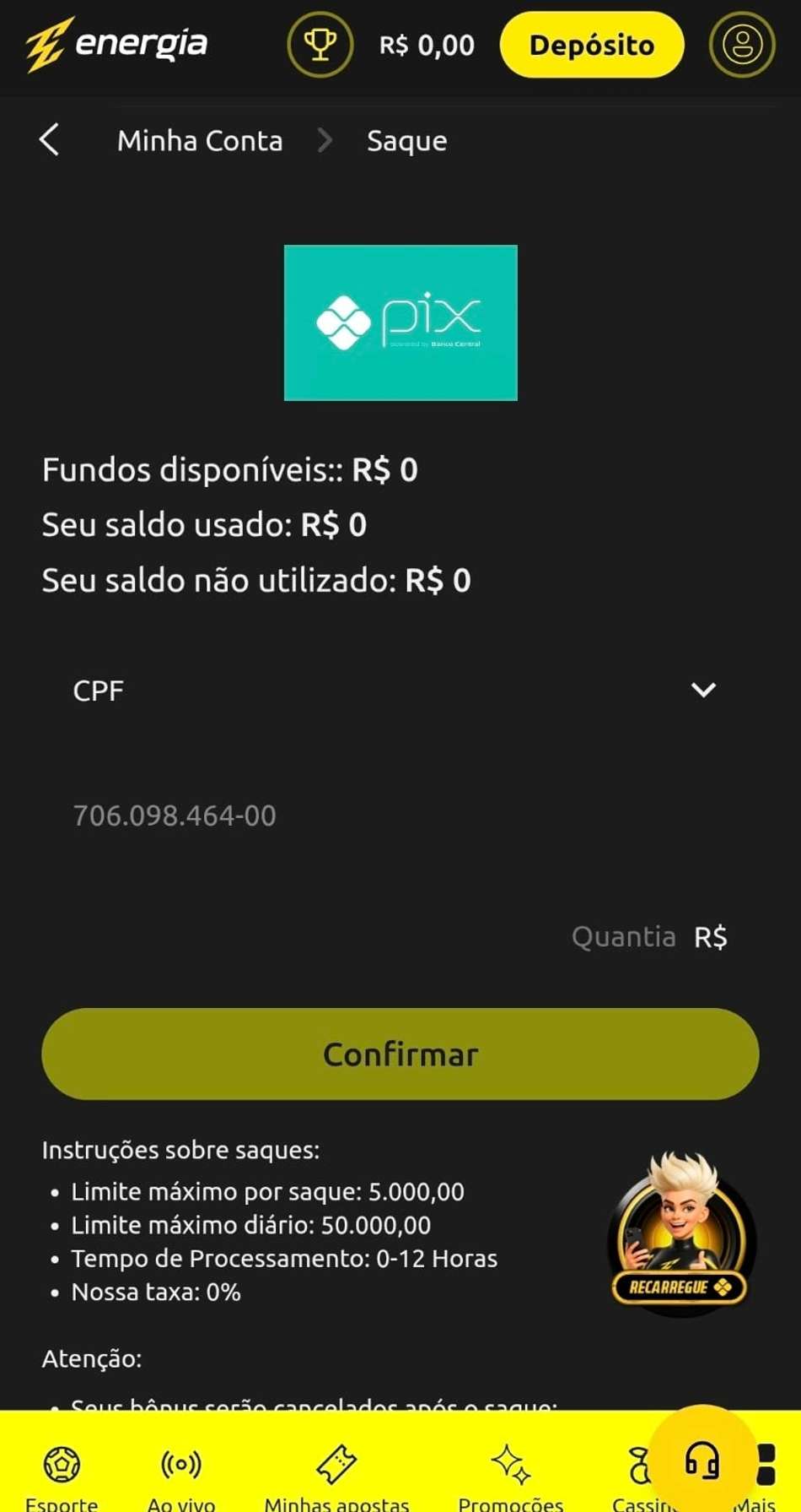 Captura de tela do melhor site de apostas Energia Bet., mostrando o formulário de saques.