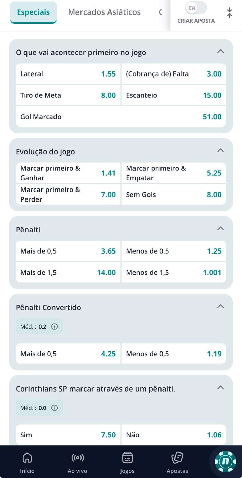 Captura de tela dos mercados de apostas especiais na Novibet com as odds atualizadas no dia 27/08/2026 às 7:42 para o jogo entre Corinthians x Santos.