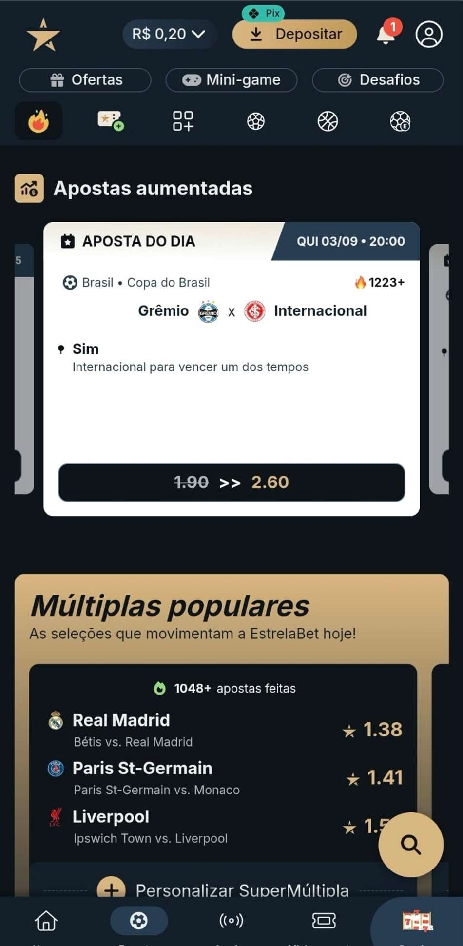 Captura da tela de Apostas Aumentadas na Estrela Bet, um dos melhores sites de apostas do Brasil.