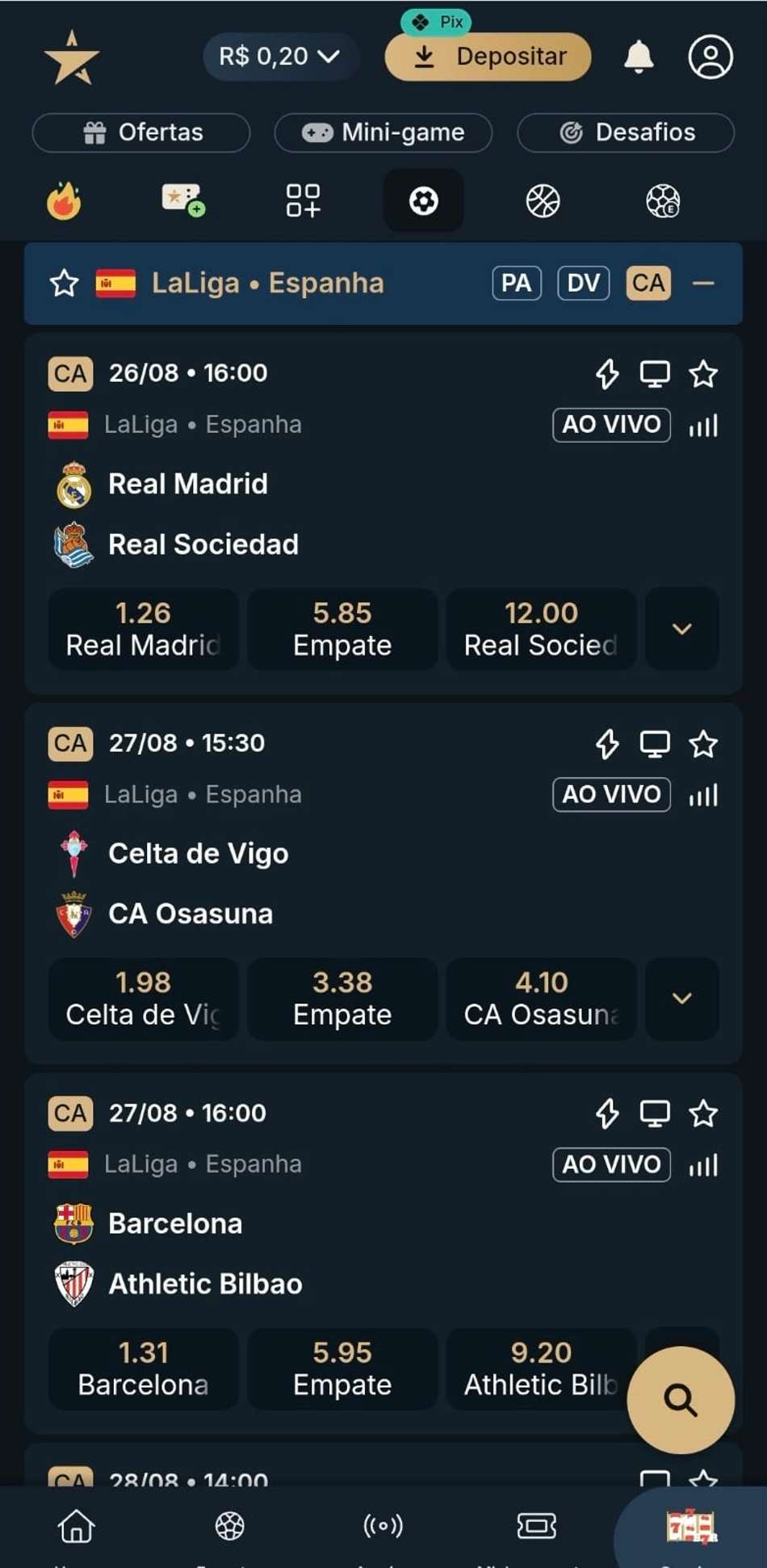 Captura de tela dos jogos agendados para apostar no Campeonato Espanhol na EstrelaBet.