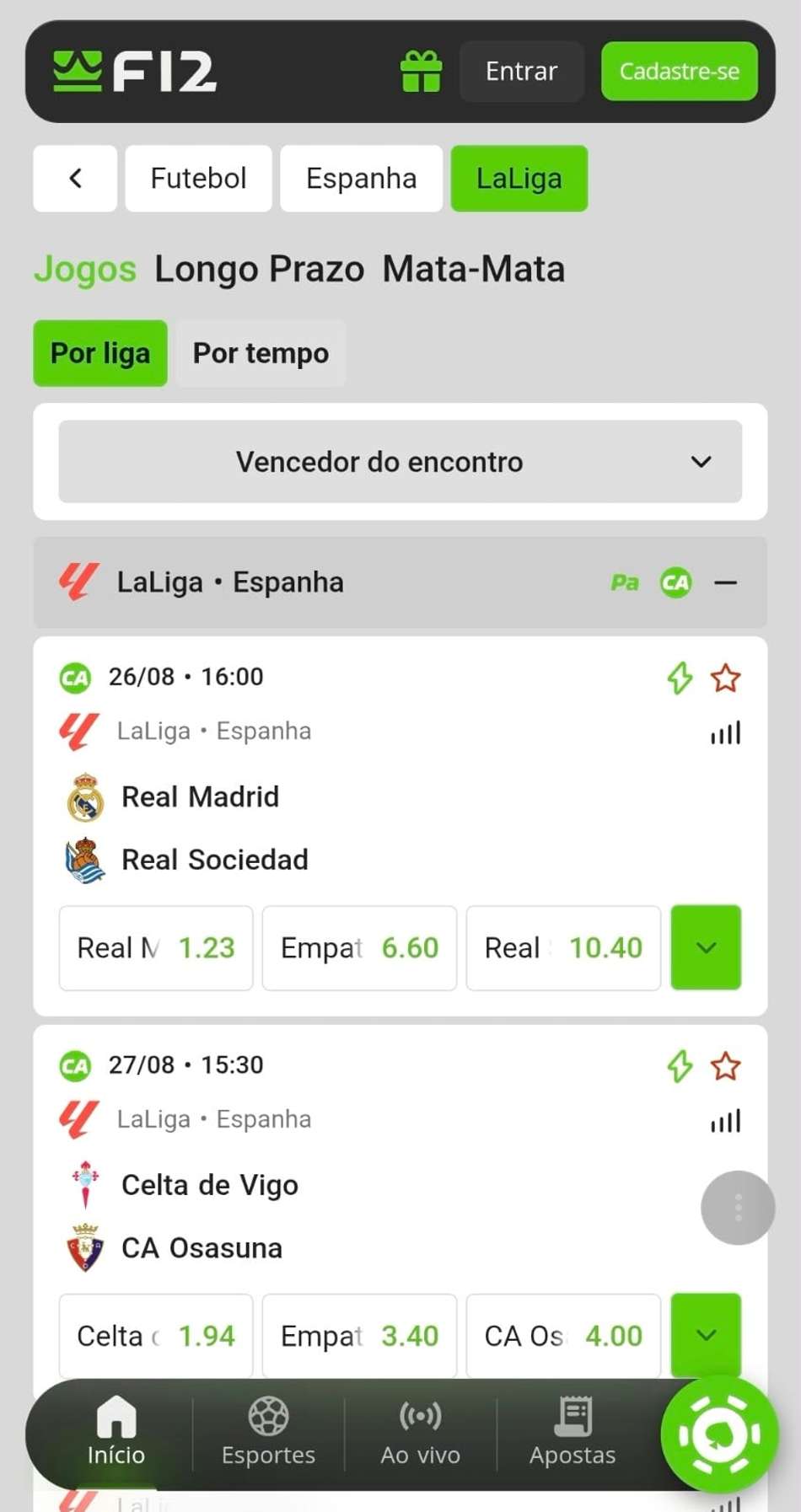 Captura de imagem exibindo os jogos da La Liga disponíveis para apostas na semana no site oficial da F12Bet.