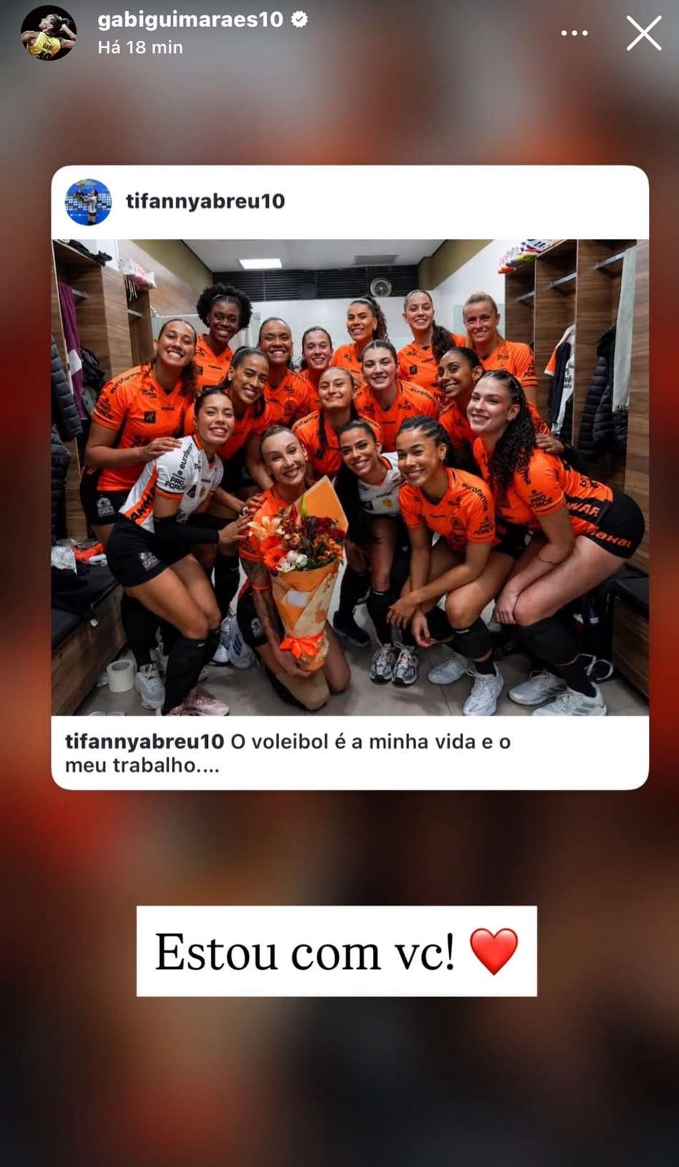Nos stories do Instagram, Gabi repostou uma publicação de Tifanny Abreu com a frase "Estou com você", seguida por um emoji de coração