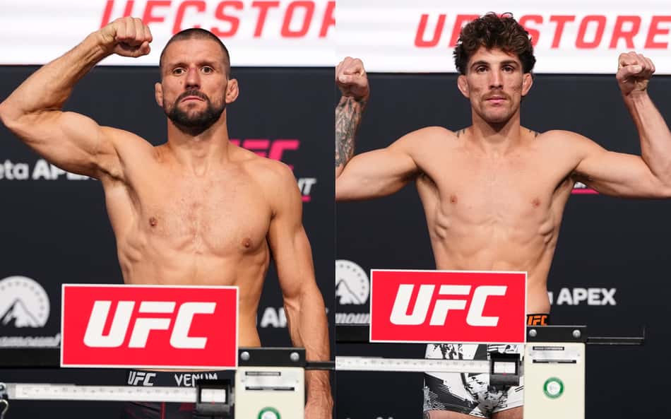 Colagem de fotos de Mateusz Gamrot e Quillan Salkilld na pesagem do UFC Vegas 120