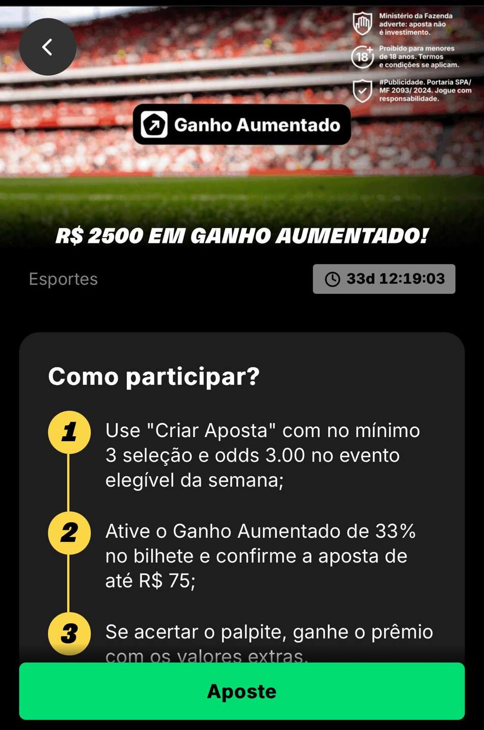 Captura de tela do Ganho Aumentado via Criar Aposta, com boost de 33% até R$2.500.