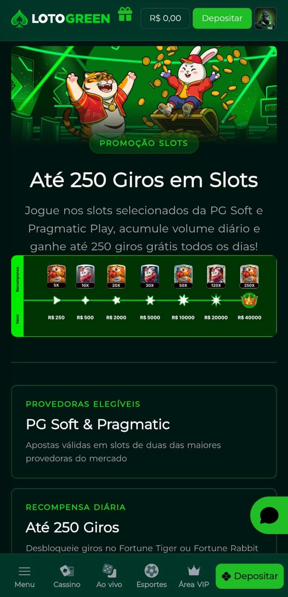 Captura de tela da promoção de giros grátis da Lotogreen válida paras as apostas em slots.