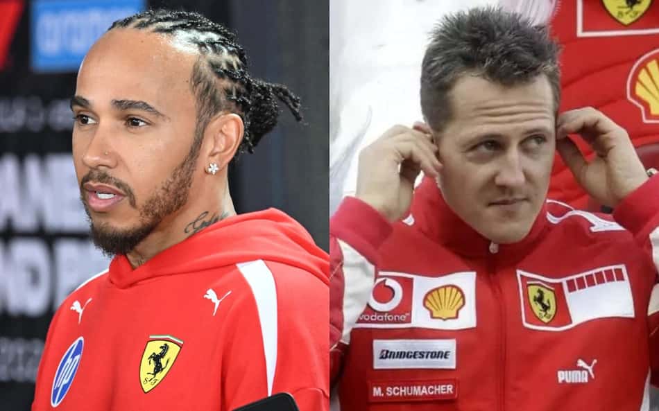 Colagem de fotos de Lewis Hamilton, à esquerda, e Michael Schumacher, à direita, com casacos da Ferrari