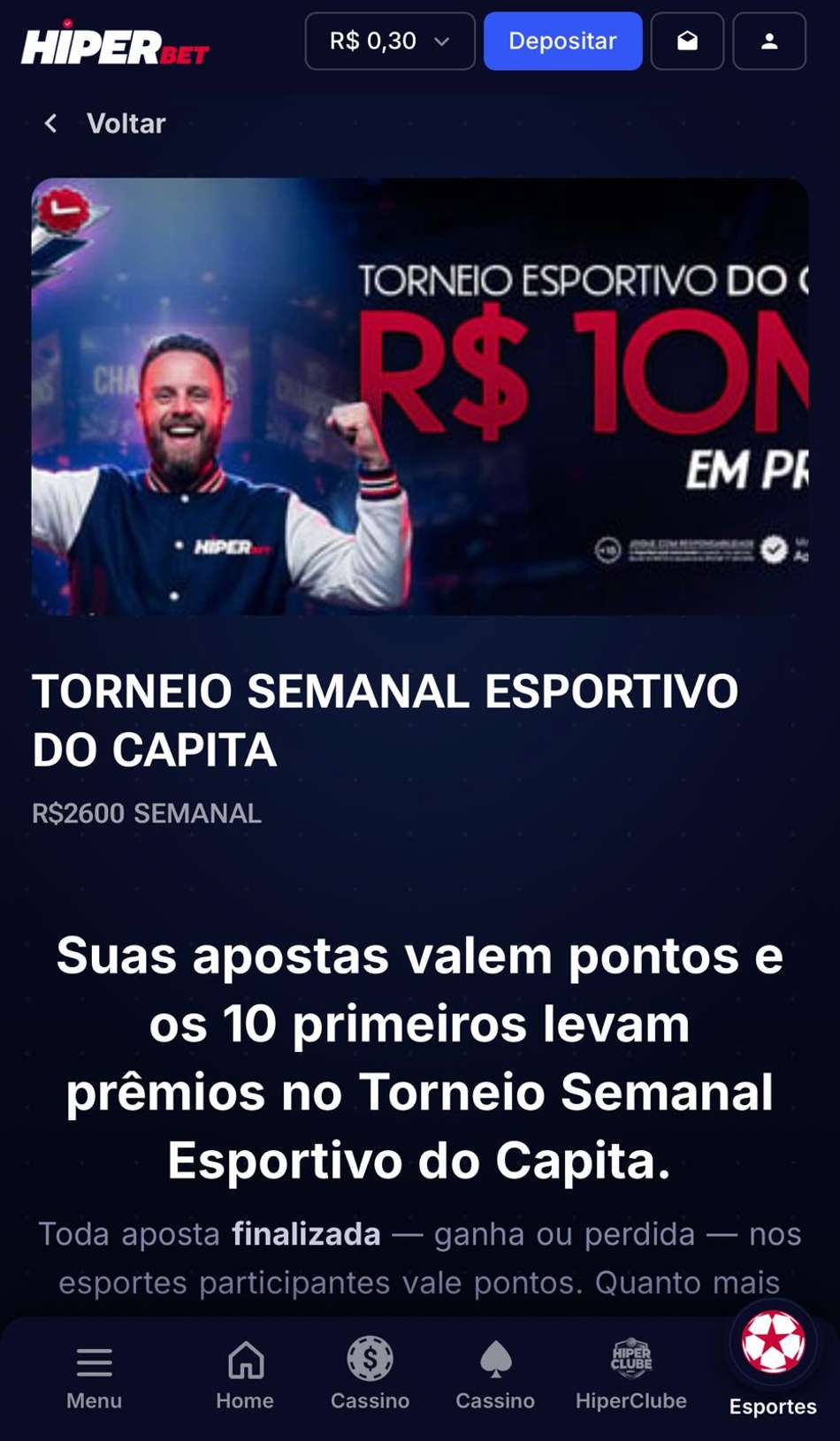 Captura de tela do torneio com aposta grátis na Hiperbet.