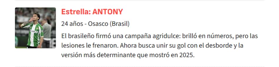 Texto do Diario AS apontando Antony como a grande estrela do Real Betis