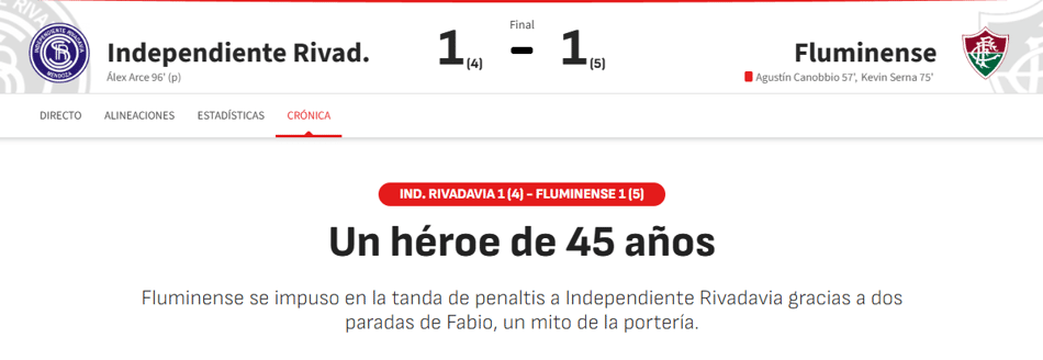 Jornal espanhol "As" sobre Independiente Rivadavia 1x1 Fluminense