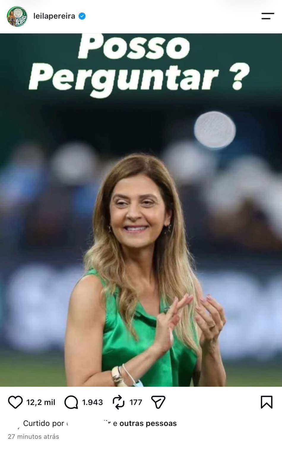 Publicação de Leila Pereira, presidente do Palmeiras, após classificação
