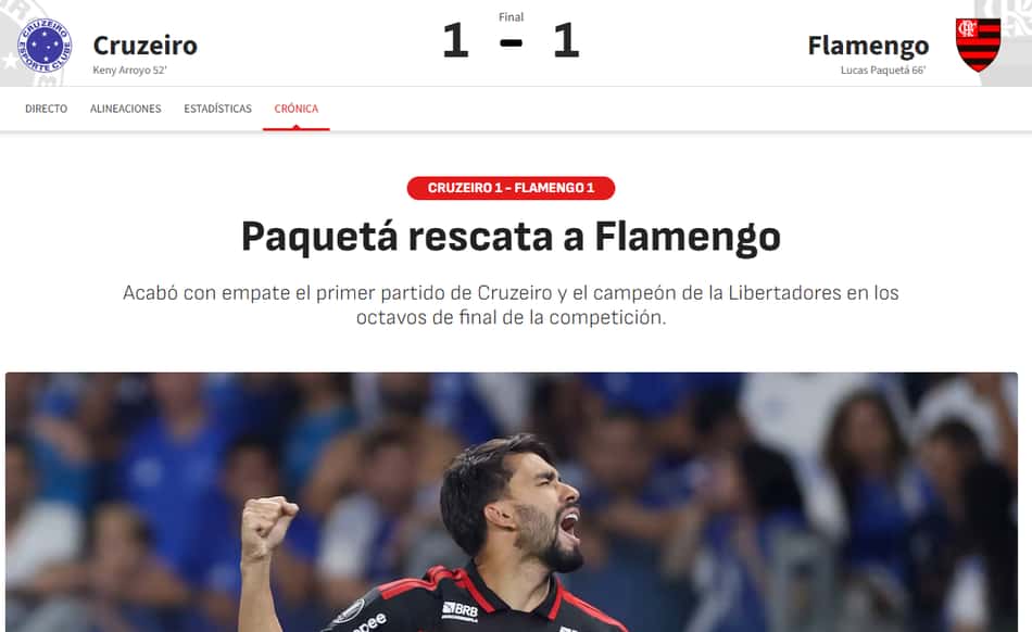 Matéria do Diario AS sobre o duelo entre Cruzeiro e Flamengo
