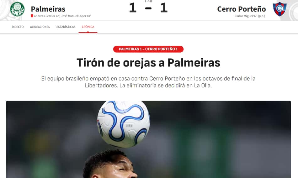 Matéria do Diario AS repercutindo o duelo entre Palmeiras e Cerro Porteño