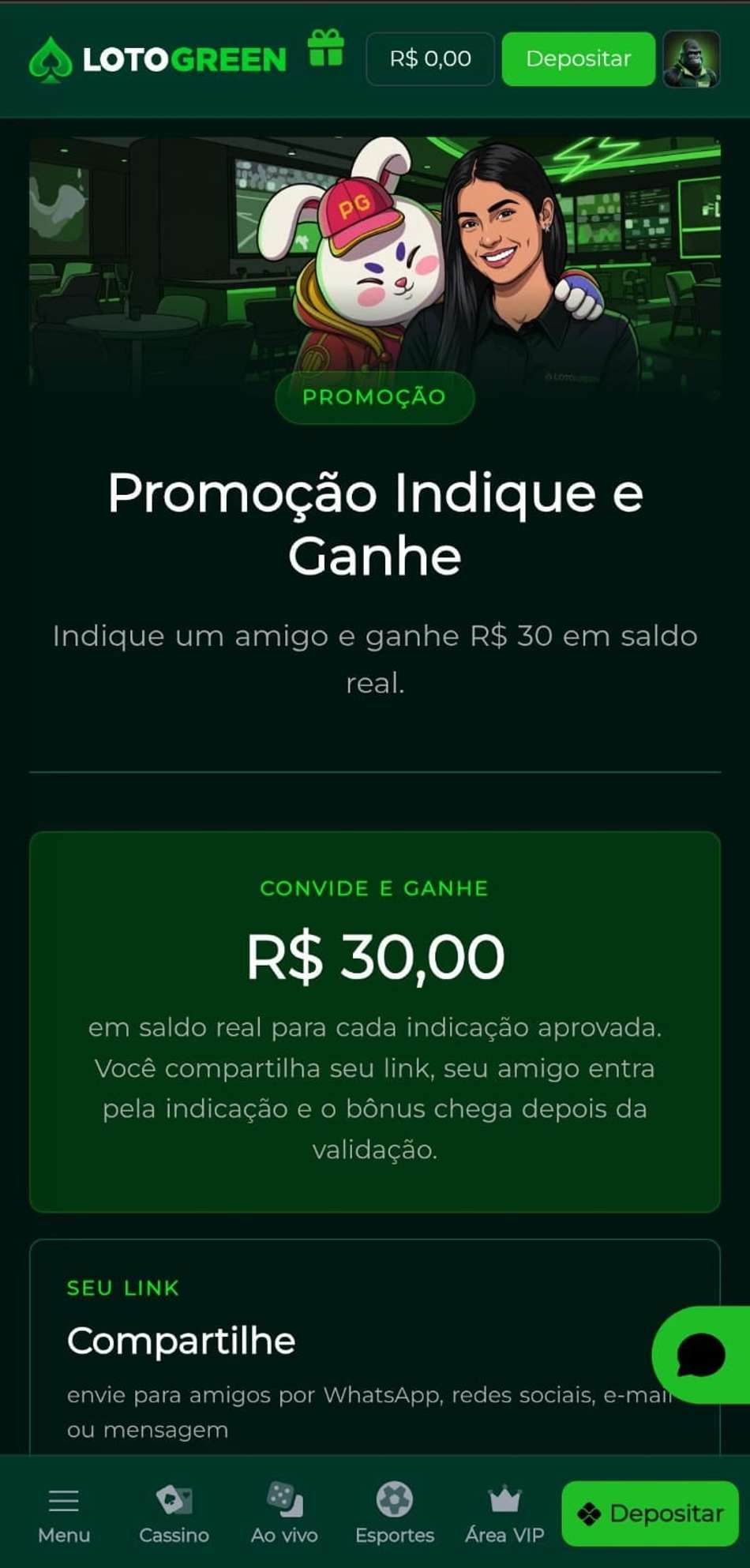 Captura de tela do programa Indique e Ganhe da Lotogreen com as informações do funcionamento.