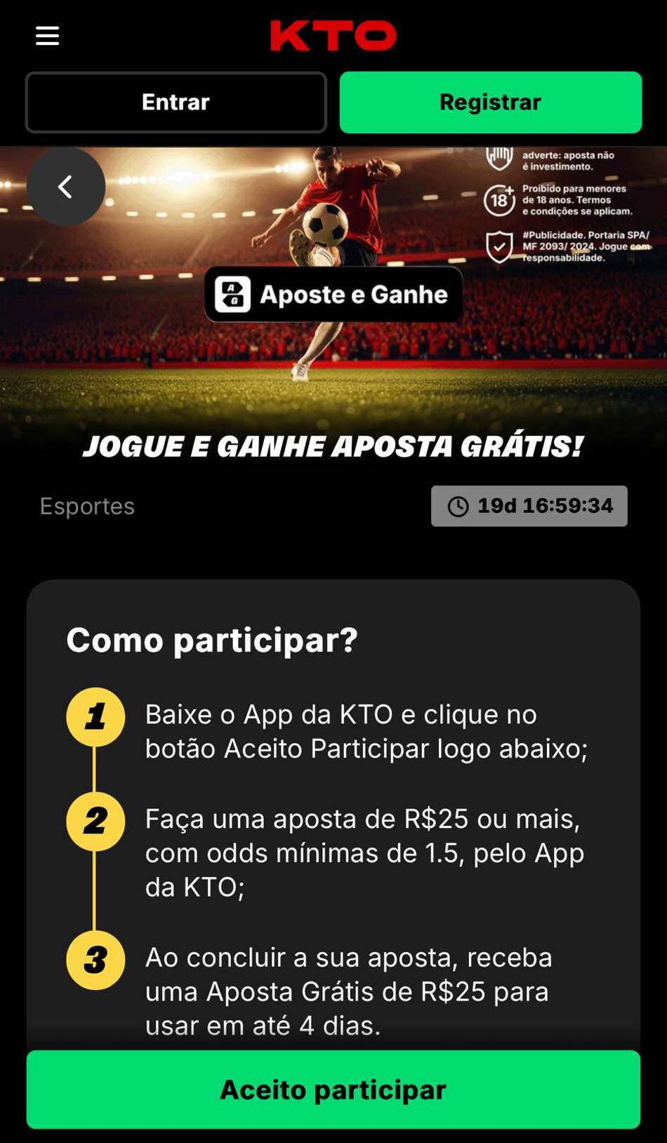 Captura de tela do "Aposte e Ganhe" aposta grátis na KTO.