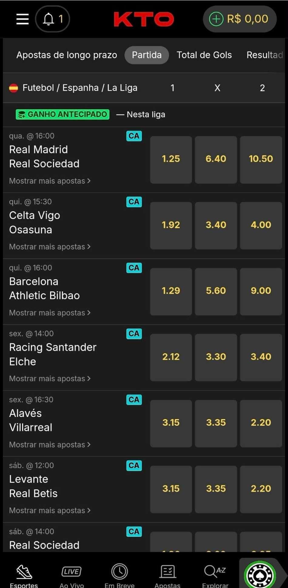 Captura de tela das opções de apostas no Campeonato Espanhol na página oficial da KTO.