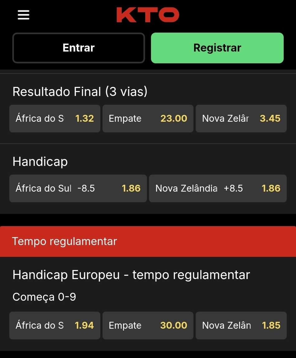 Captura de tela da KTO exibindo os mercados de apostas em rugby do tipo resultado final e handicap.