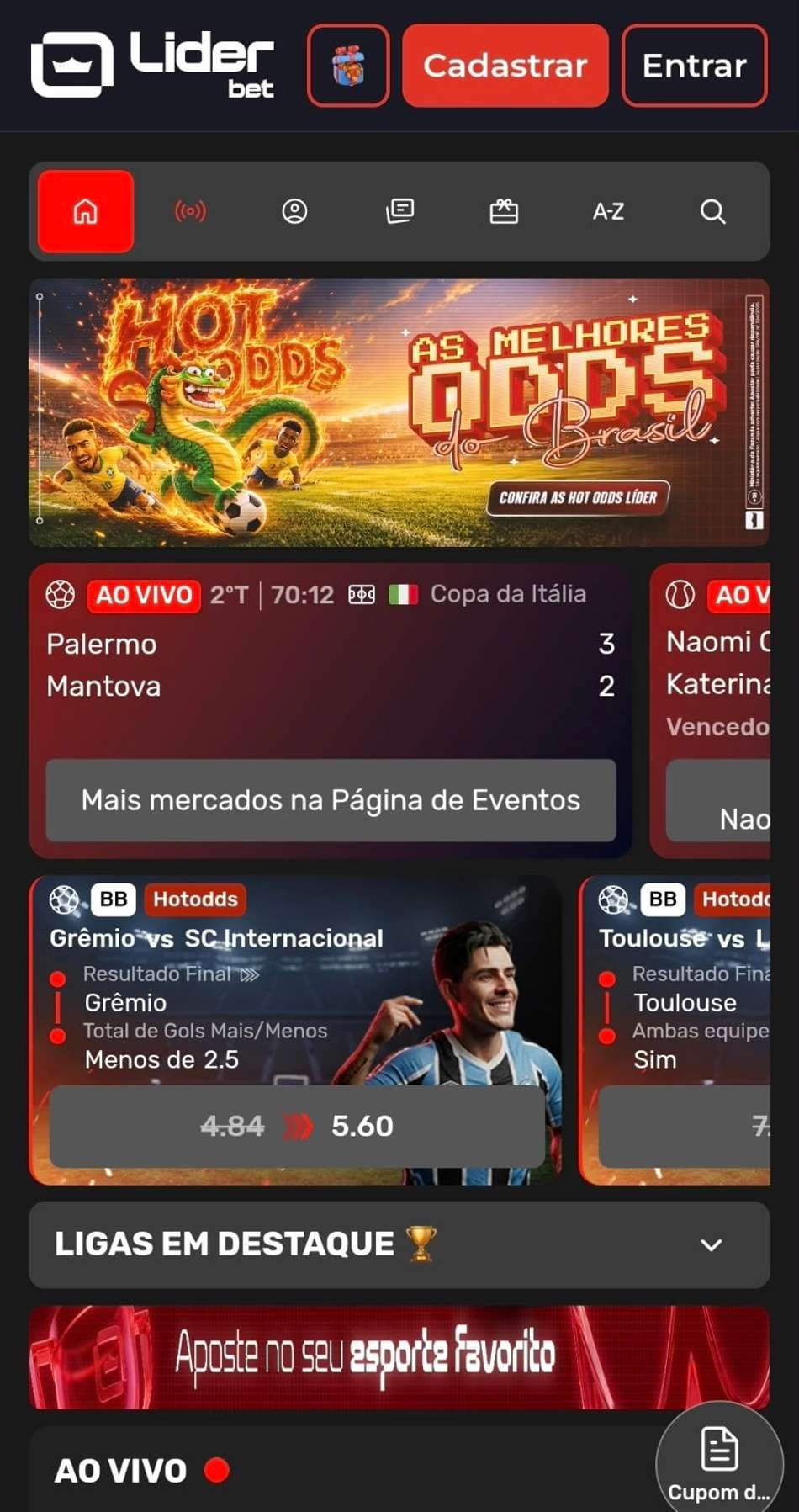 Captura de tela da página inicialda Liderbet exibindo os jogos com Hotodds.