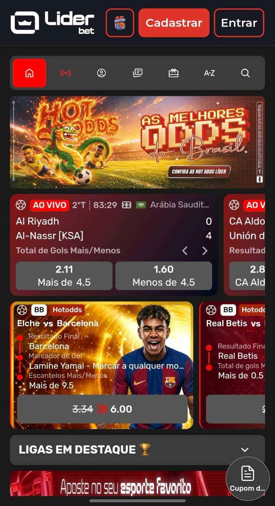 Captura de tela da Liderbet exibindo a página inicial com os eventos com Hotodds.
