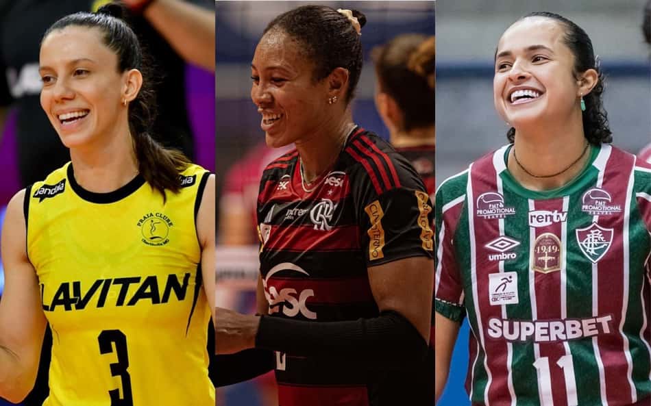 Colagem de fotos de Macris, do Praia Clube (esquerda); Simone Lee, do Sesc RJ Flamengo (centro); e Pri Heldes, do Fluminense (direita)