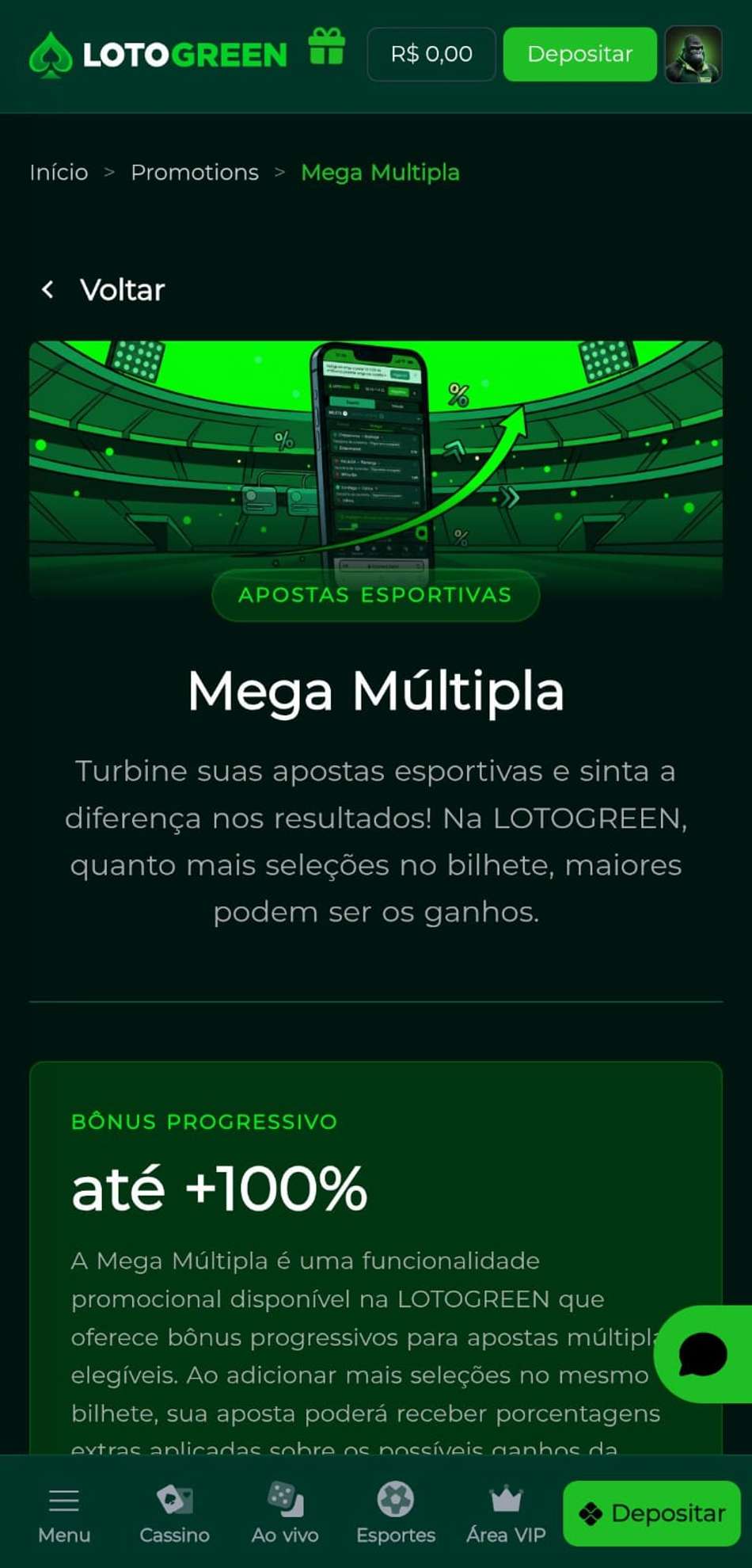 Captura de tela dos detalhes do funcionamento do Bônus Progressivo no site oficial da Lotogreen.