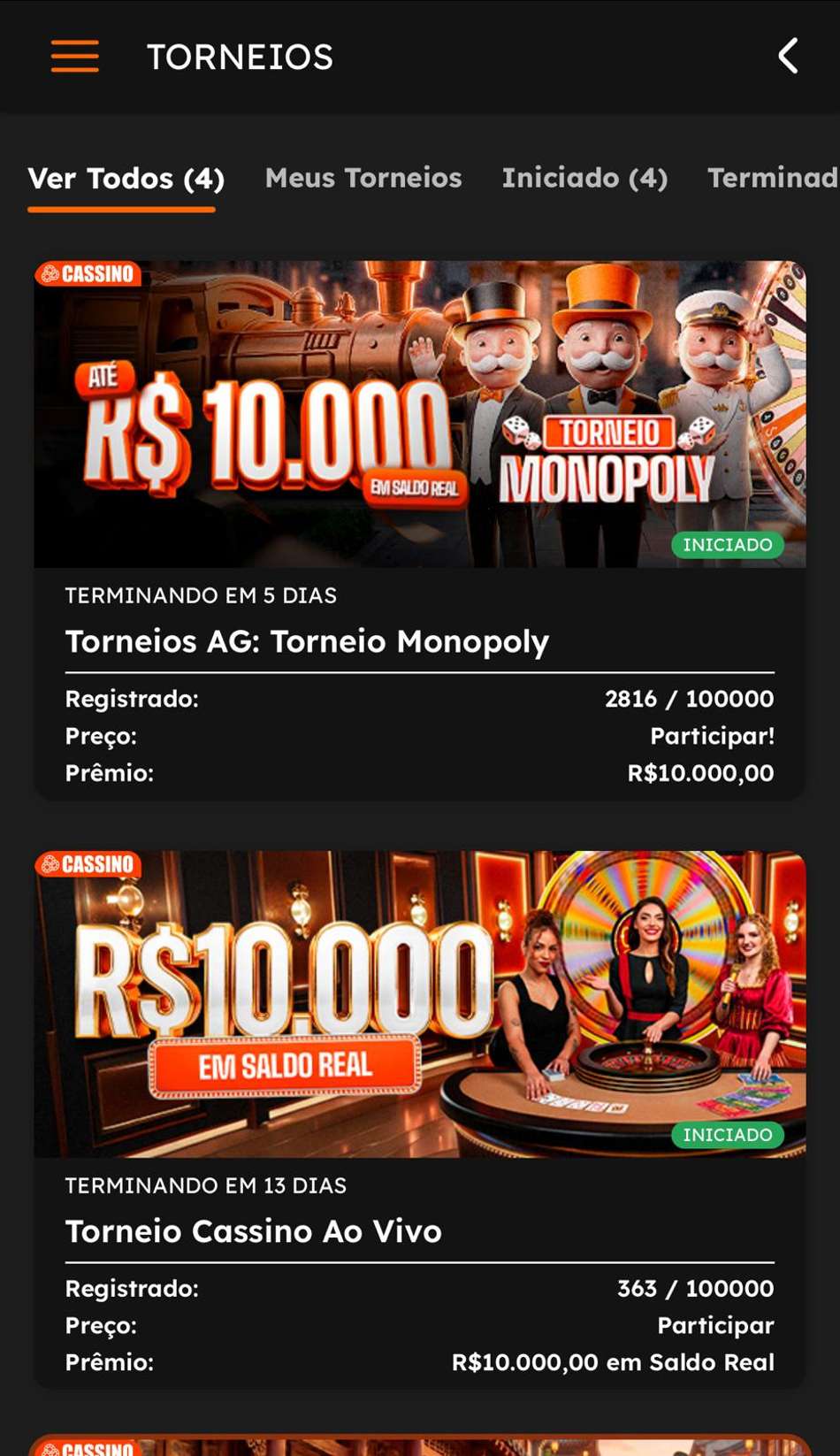 Captura de tela de torneios na Aposta Ganha, um dos melhores sites de apostas do Brasil.