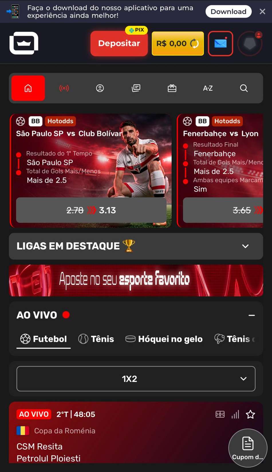 Captura de tela da página de esportes Liderbet, um dos melhores sites de apostas do Brasil.