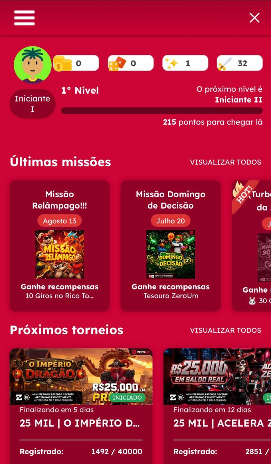 Captura da tela de missões na Zeroum Bet.
