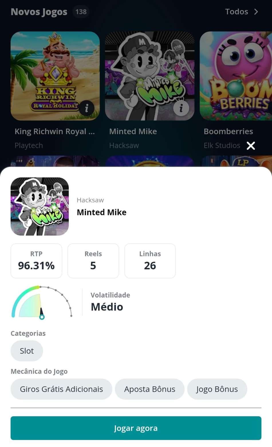 Captura de tela do novo slot Minted Mike no cassino Novibet.