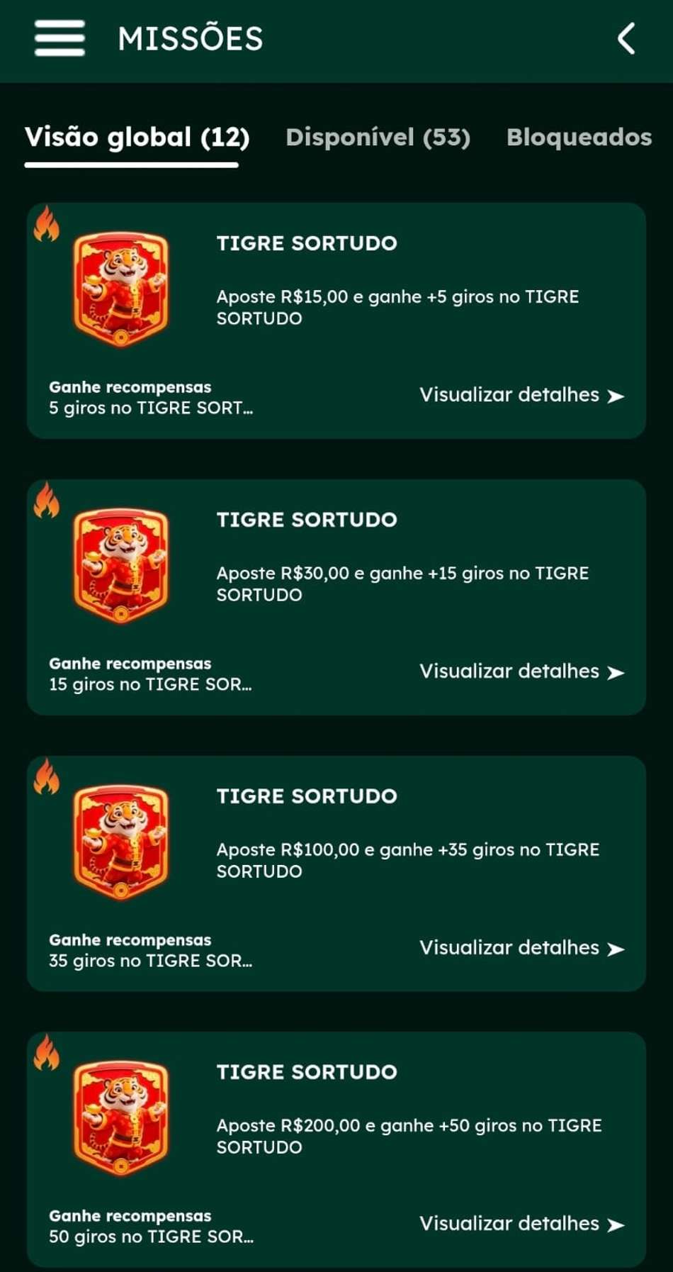 Captura de tela das Missões ativas na Lotogreen exibindo as recompensas ao cumpri-las.