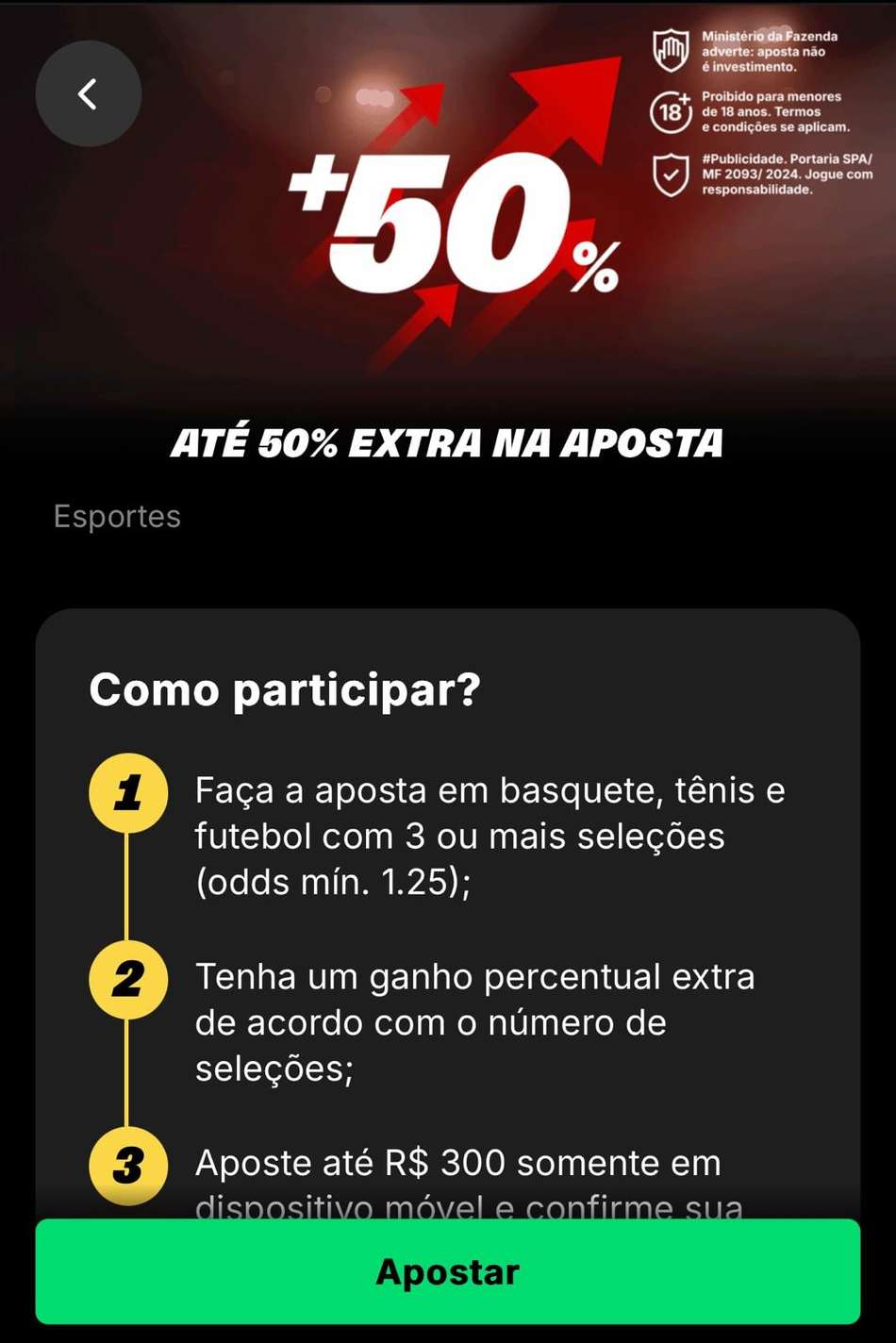 Captura de tela da oferta Múltipla Aumentada de até 50% na KTO.