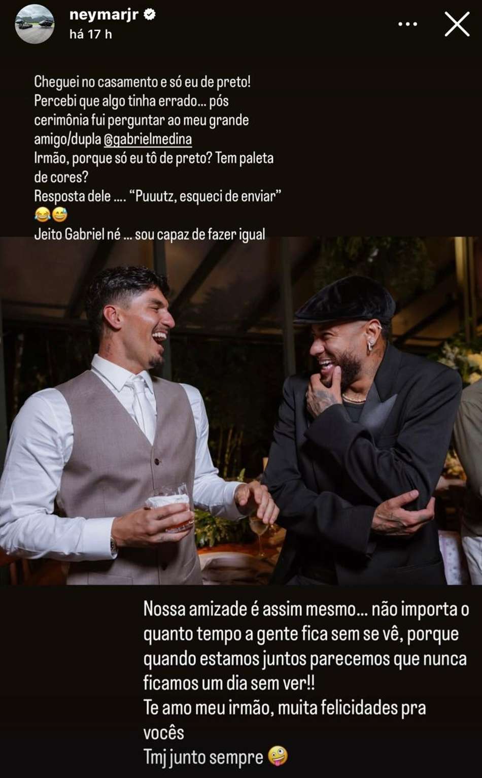 Gabriel Medina e Neymar Jr. riem em conversa no casamento do surfista