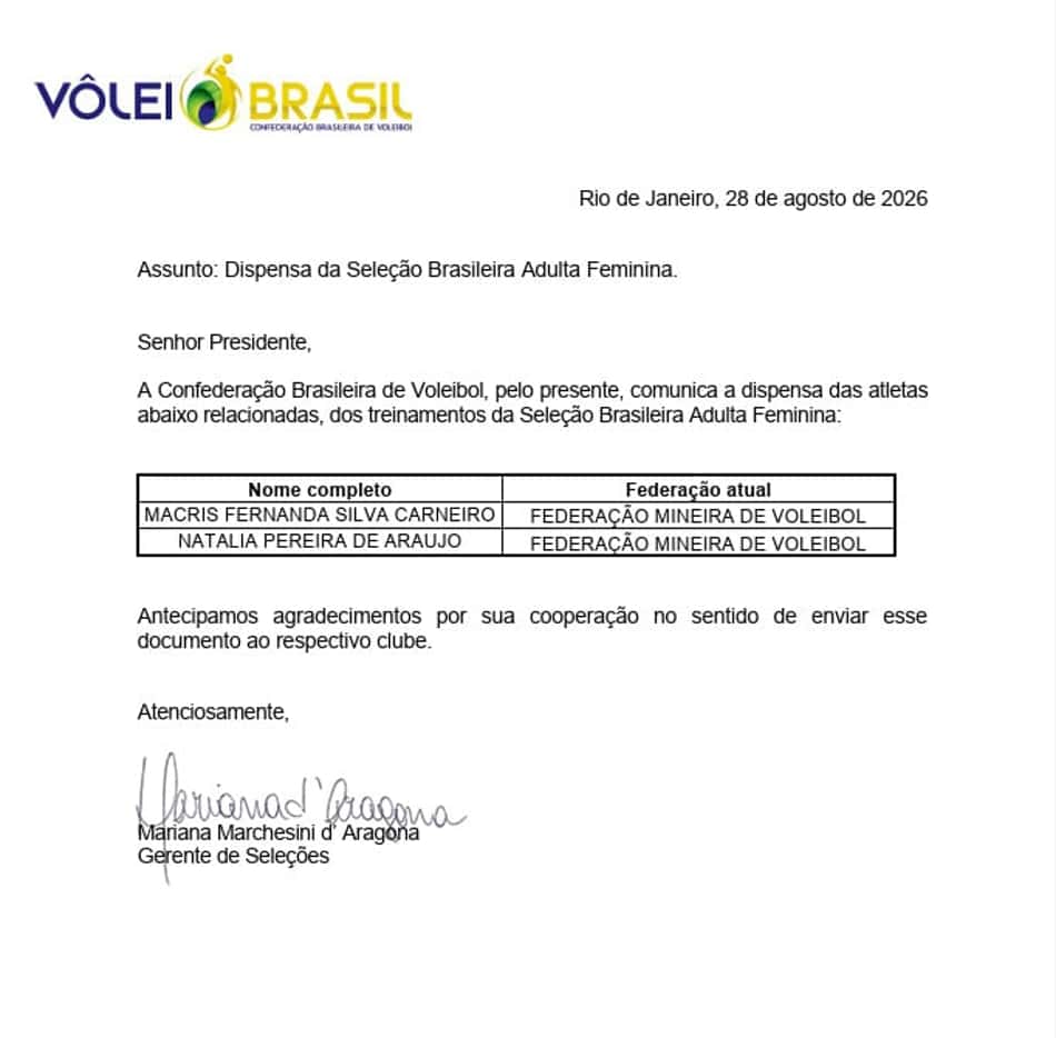Nota oficial da CBV comunicando a dispensa de Natinha e Macris da Seleção Brasileira de vôlei