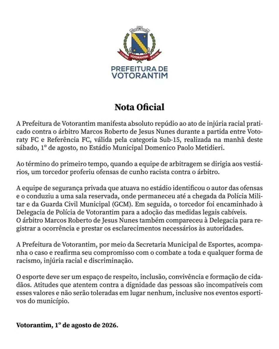 Prefeitura de Votorantim divulga nota oficial sobre caso de racismo em jogo do Paulista Sub-15