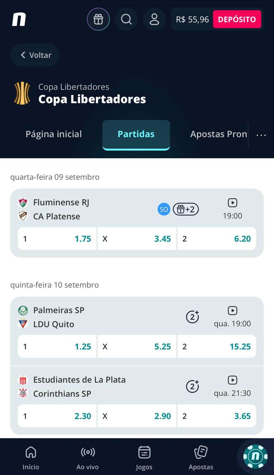 Captura de tela de jogos da Libertadores com transmissão ao vivo na Novibet.