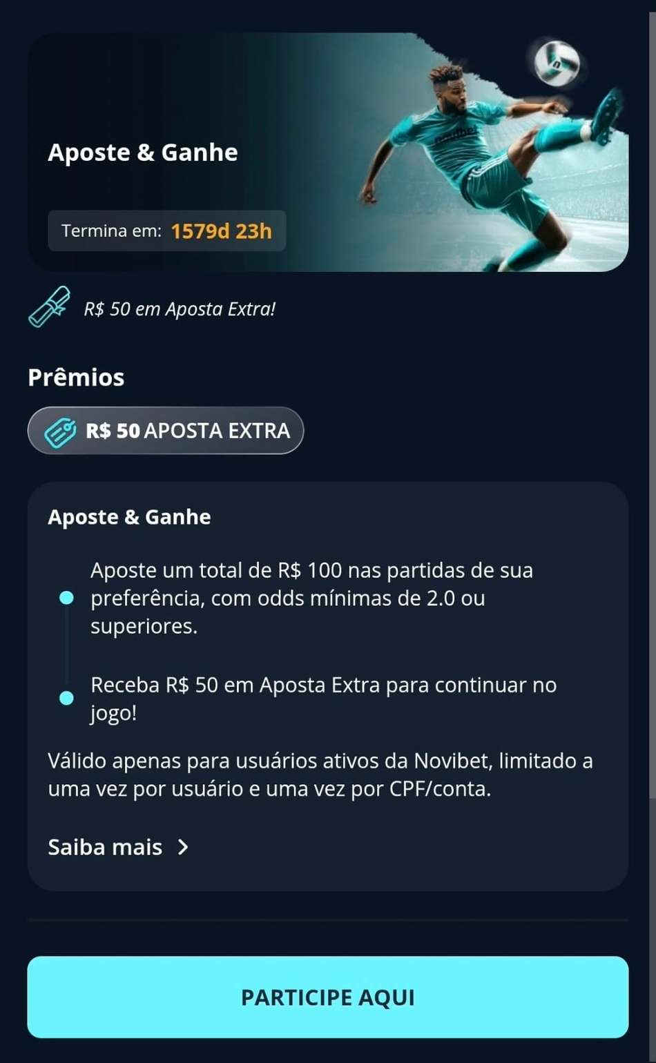 Captura de tela do site de apostas da Novibet exibindo a campanha de aposta extra.