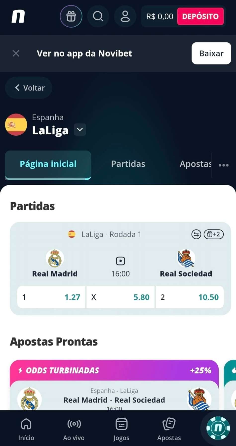 Captura de tela das partidas e equipes da La Liga na Novibet.